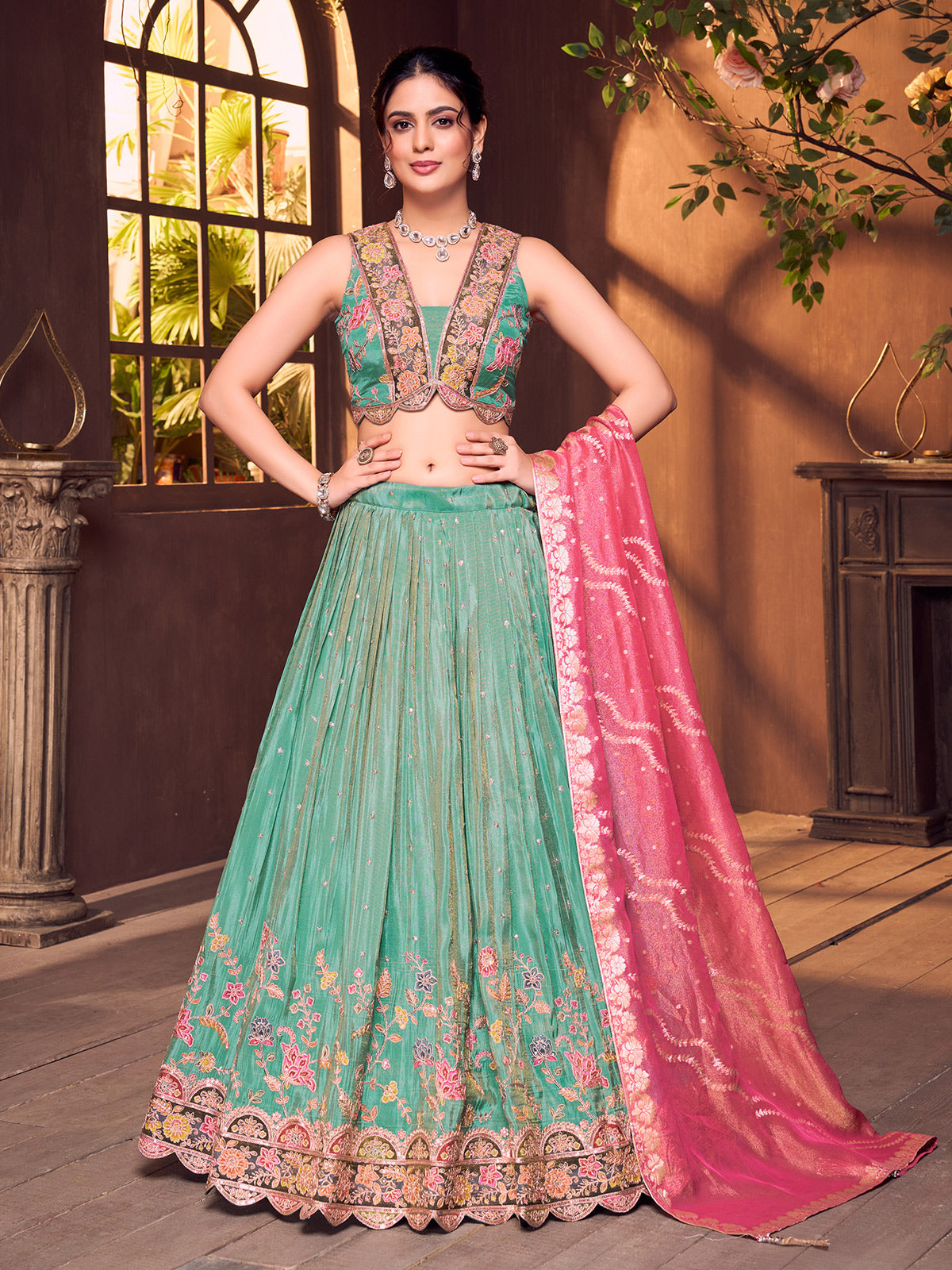 Mint green silk V neck floral printed lehenga choliq