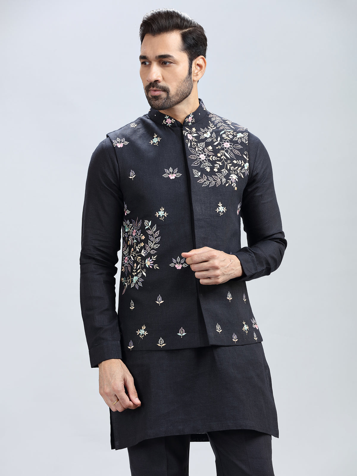 Modern black printed cotton waistcoat set for men