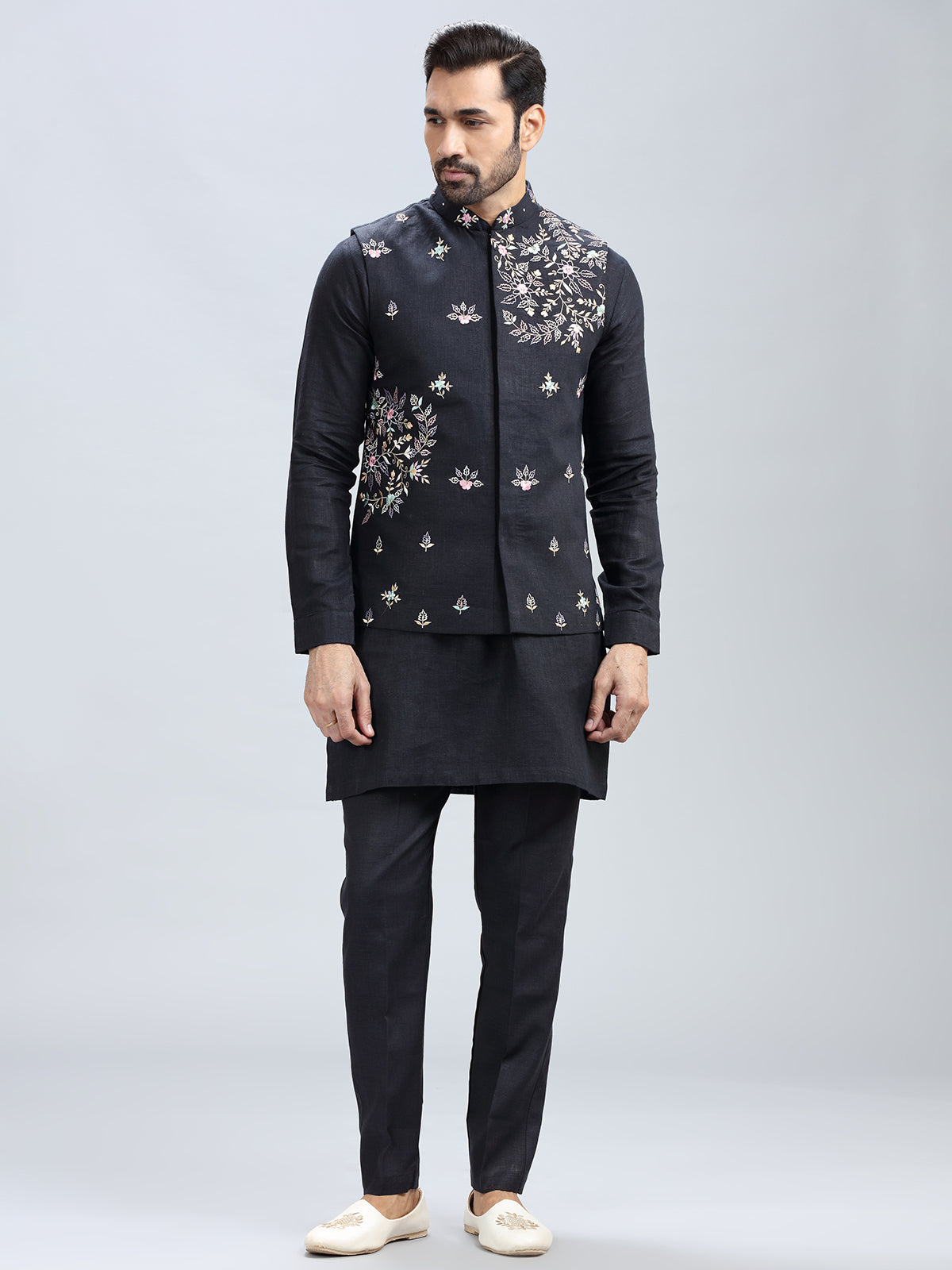 Modern black printed cotton waistcoat set for men