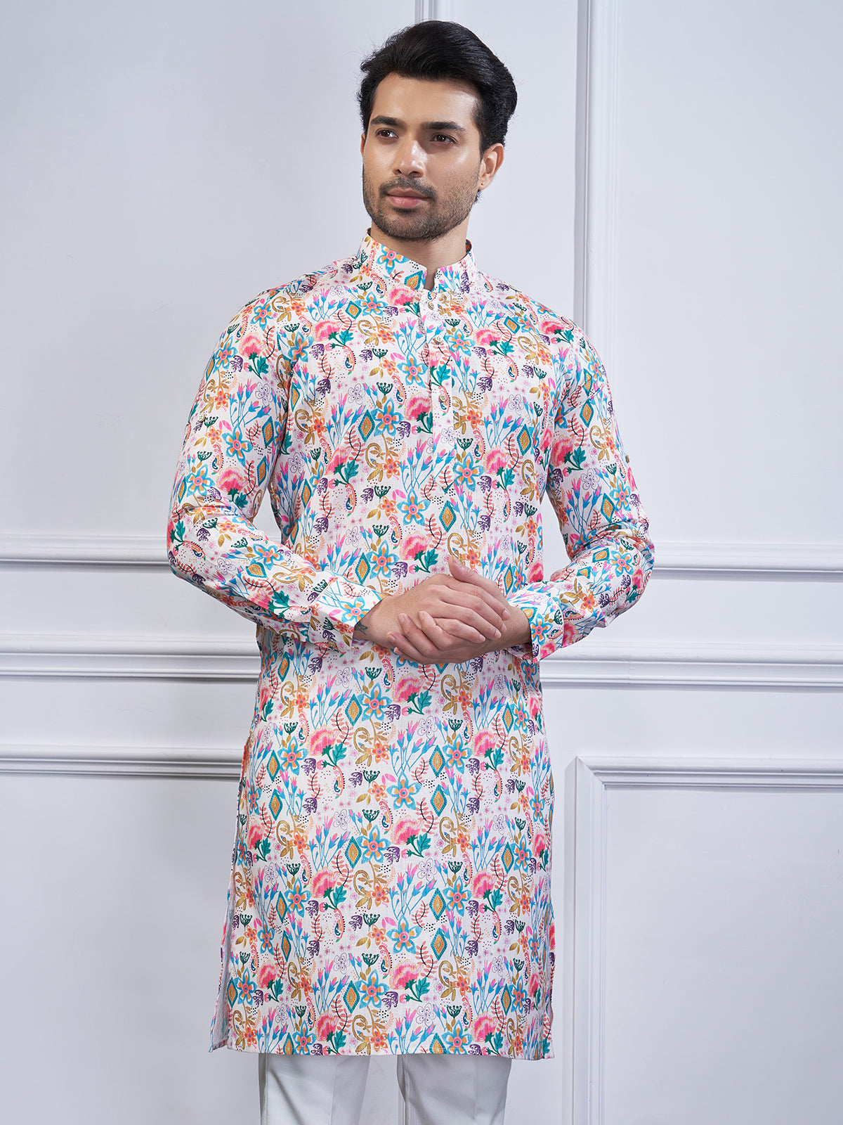 Multi color printed cotton kurta suit