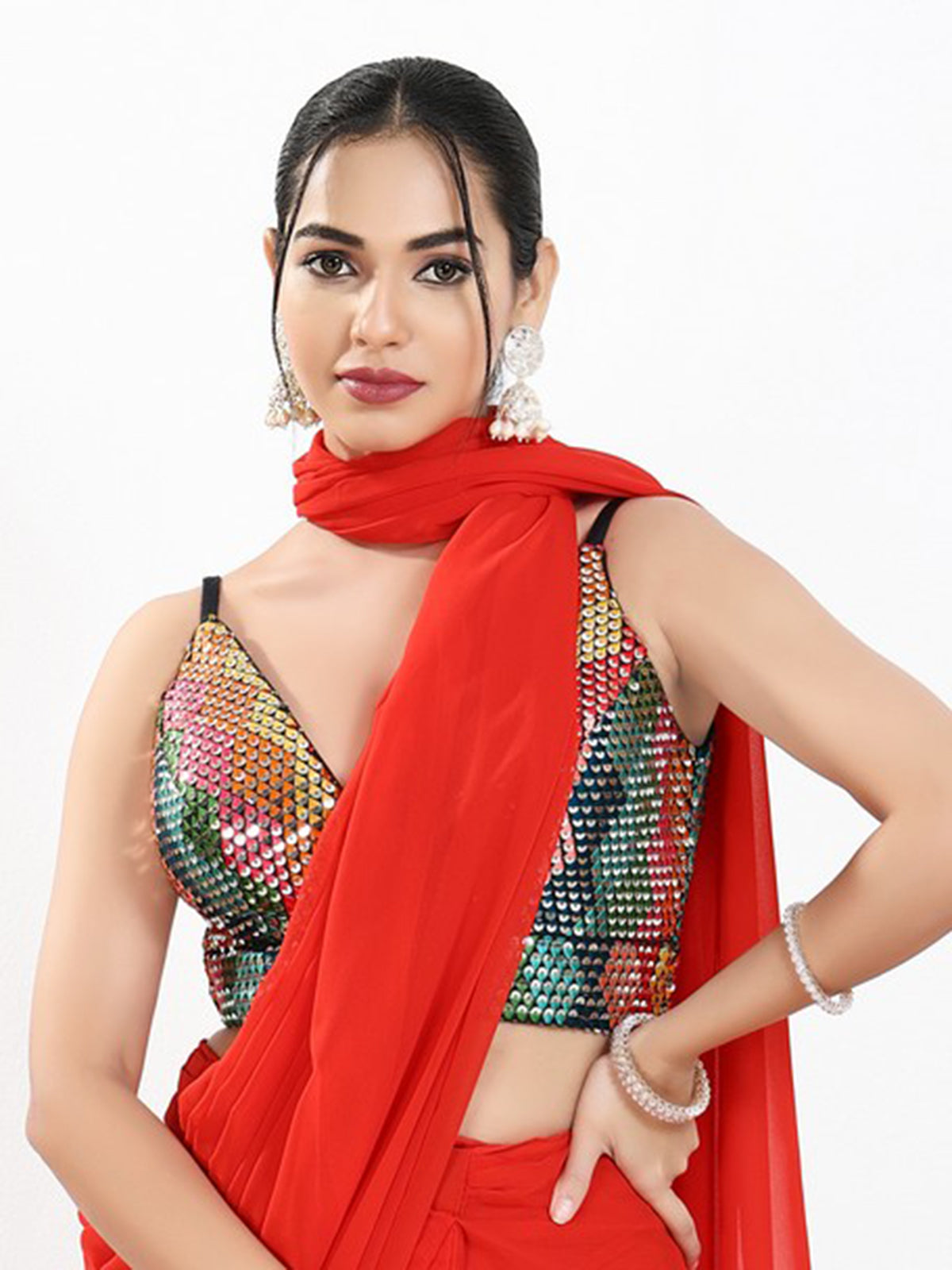 Multi color sequins V neck sleeveless party wear blouse