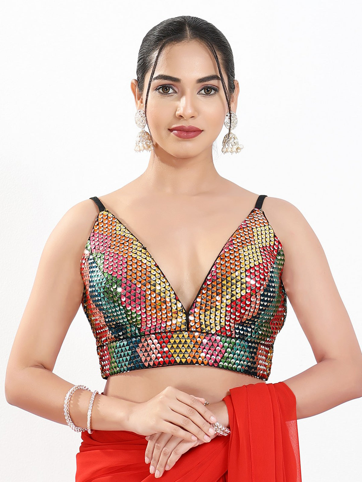 Multi color sequins V neck sleeveless party wear blouse