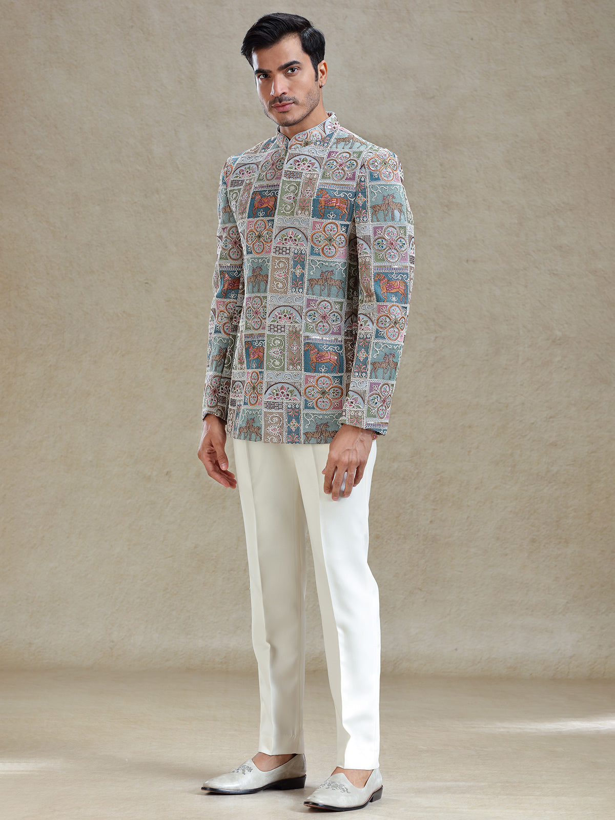 Multi coloured embroideried silk jodhpuri set