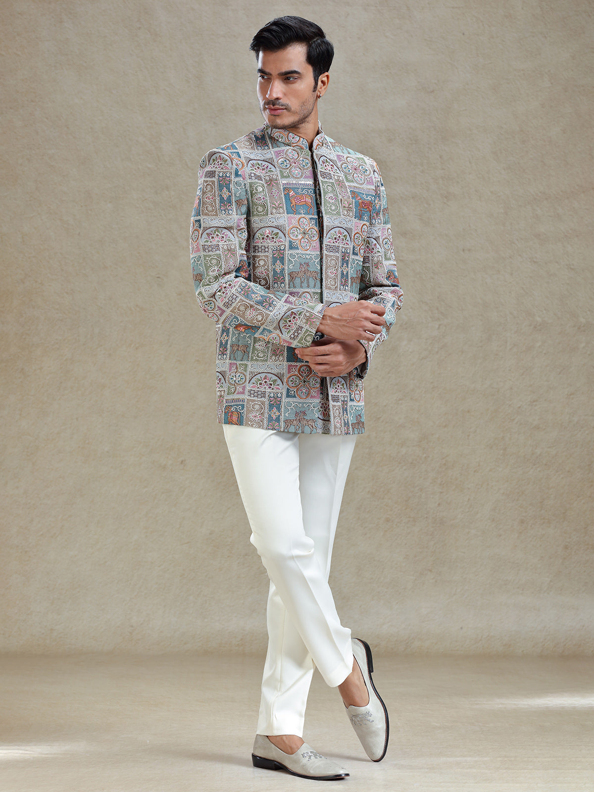 Multi coloured embroideried silk jodhpuri set