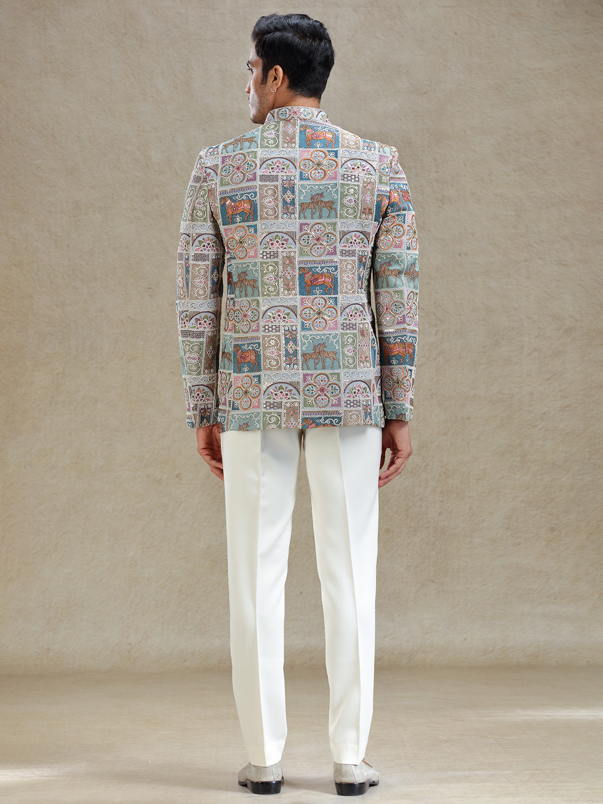 Multi coloured embroideried silk jodhpuri set