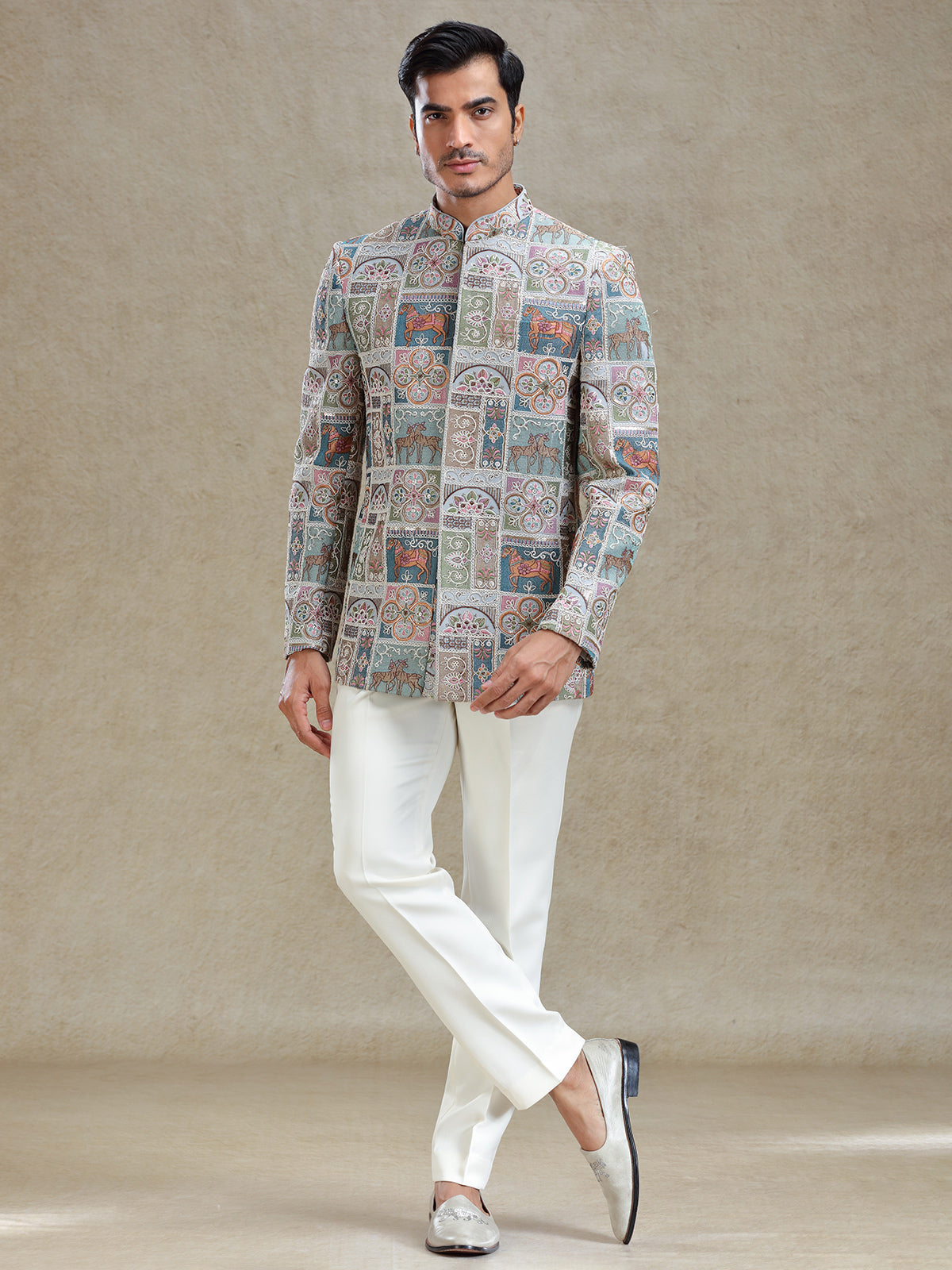 Multi coloured embroideried silk jodhpuri set