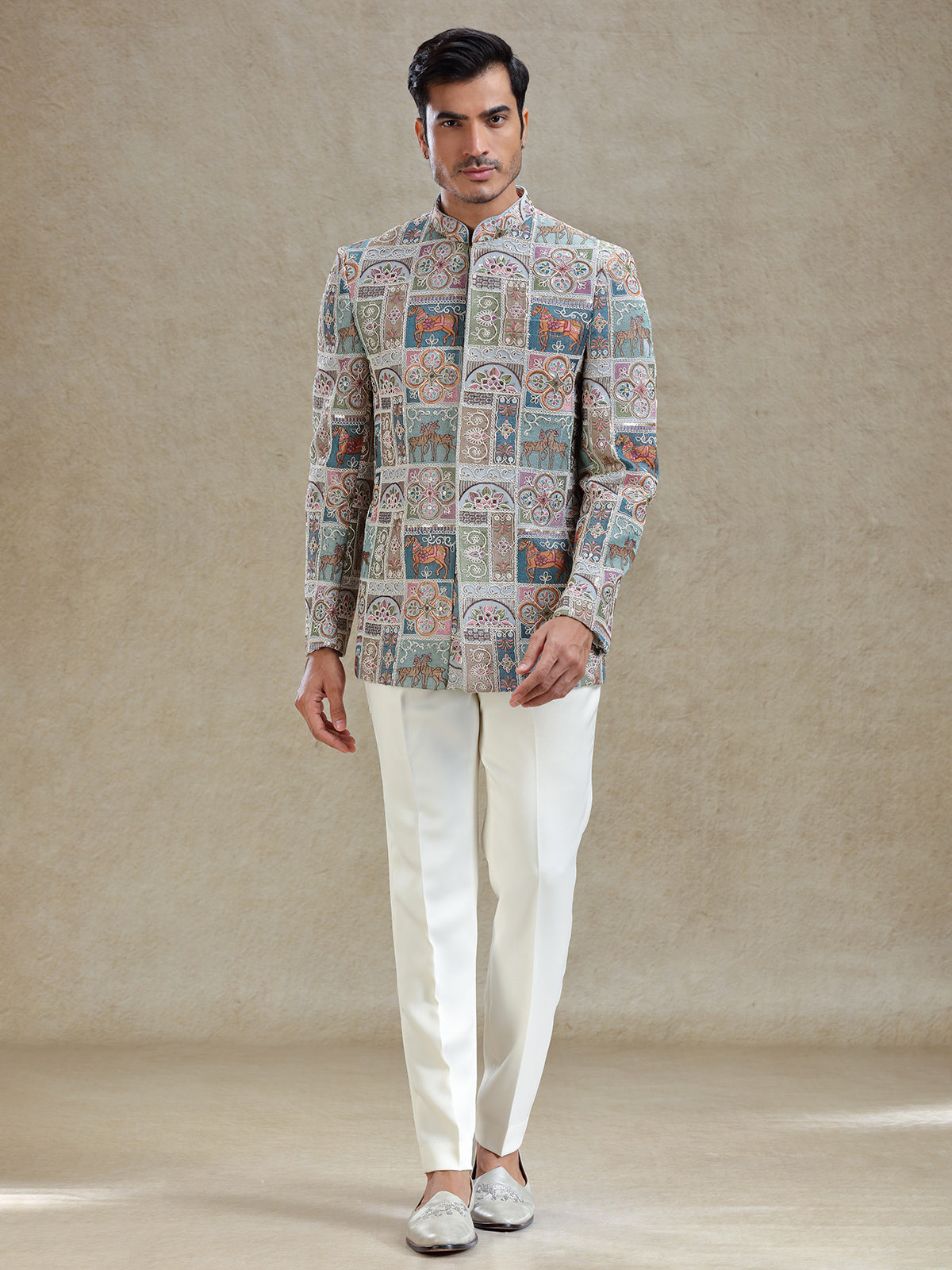 Multi coloured embroideried silk jodhpuri set
