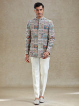 Multi coloured embroideried silk jodhpuri set