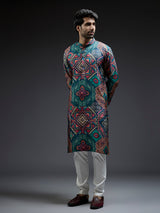 Multi coloured silk kurta suit in geometric print