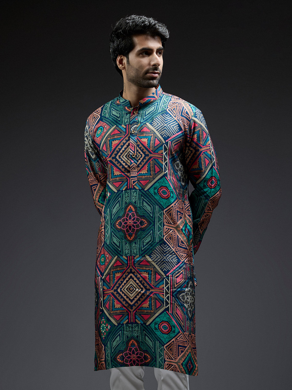 Multi coloured silk kurta suit in geometric print