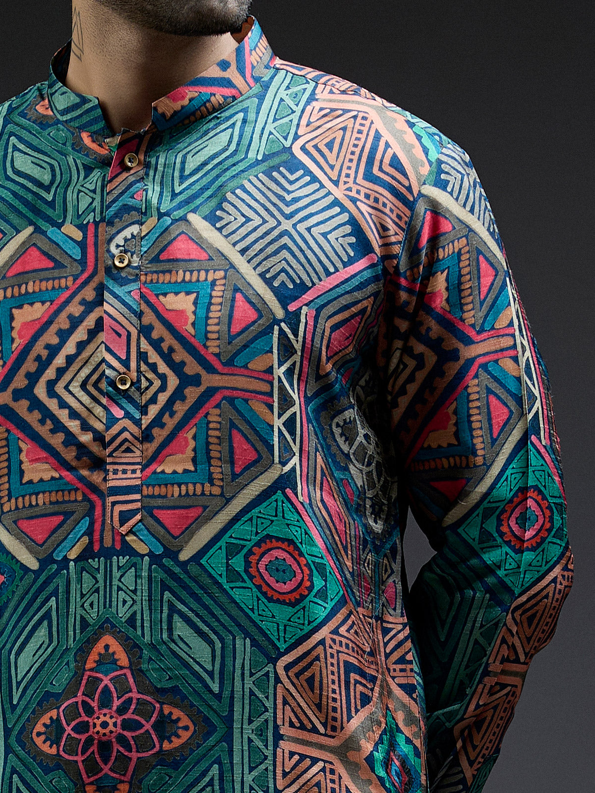 Multi coloured silk kurta suit in geometric print