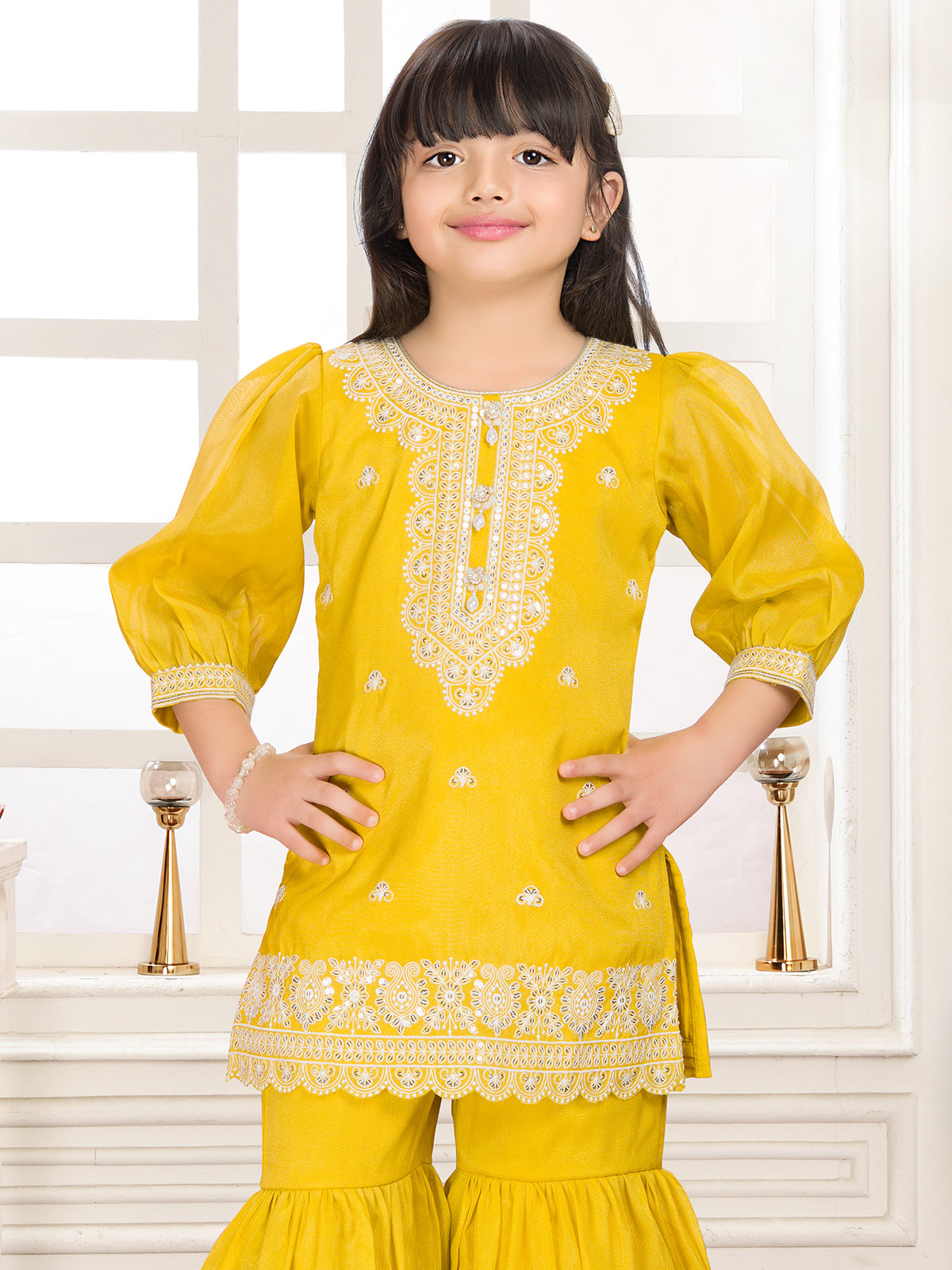 Mustard yellow chiffon embroidered sharara suit for haldi