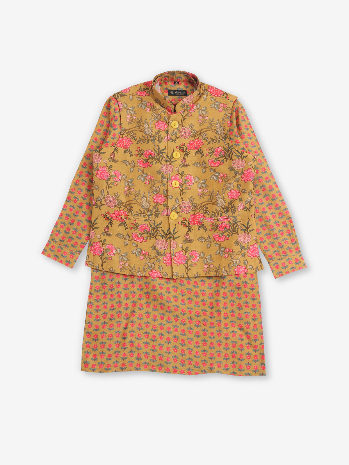 Mustard yellow cotton silk printed waistcoat set