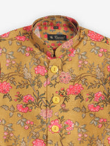 Mustard yellow cotton silk printed waistcoat set