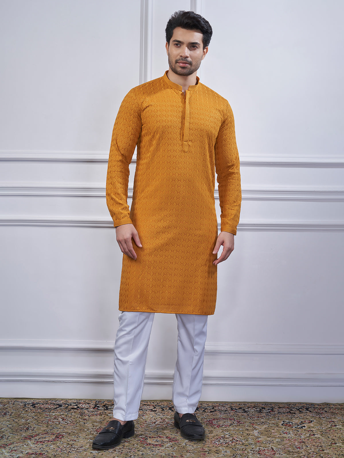 Mustard yellow embroidery cotton kurta suit for men