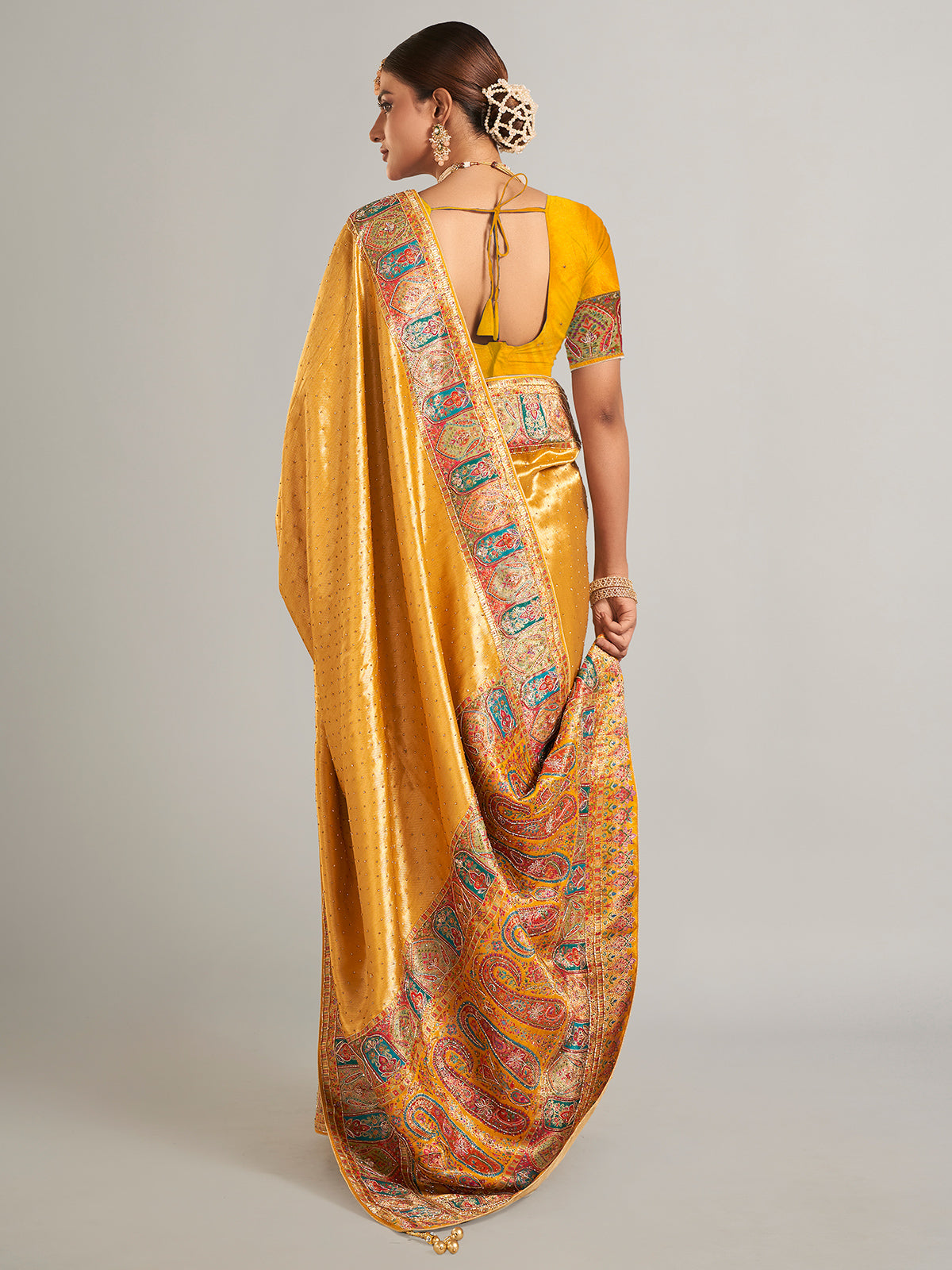 Mustard yellow pashmina silk saree for wedding