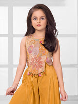 Mustard yellow satin silk palazzo suit with coin detailing