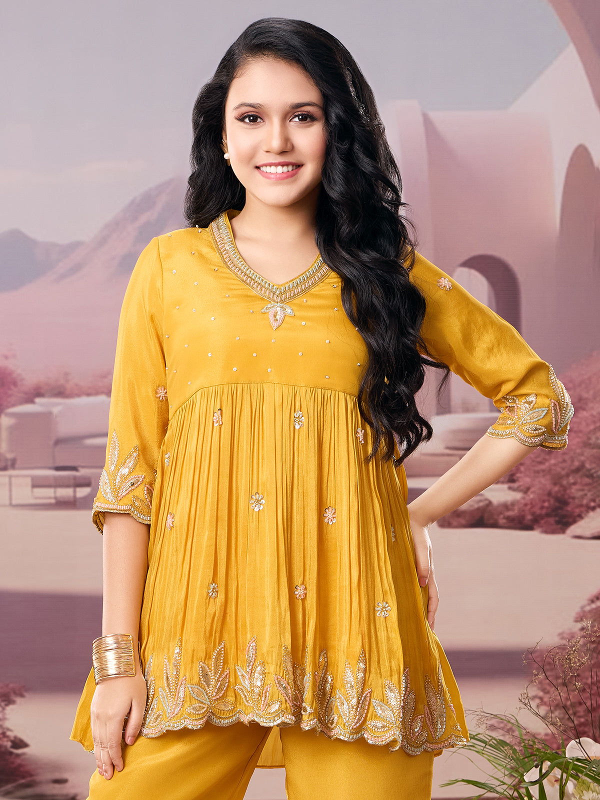 Mustard yellow silk quarter sleeve palazzo suit