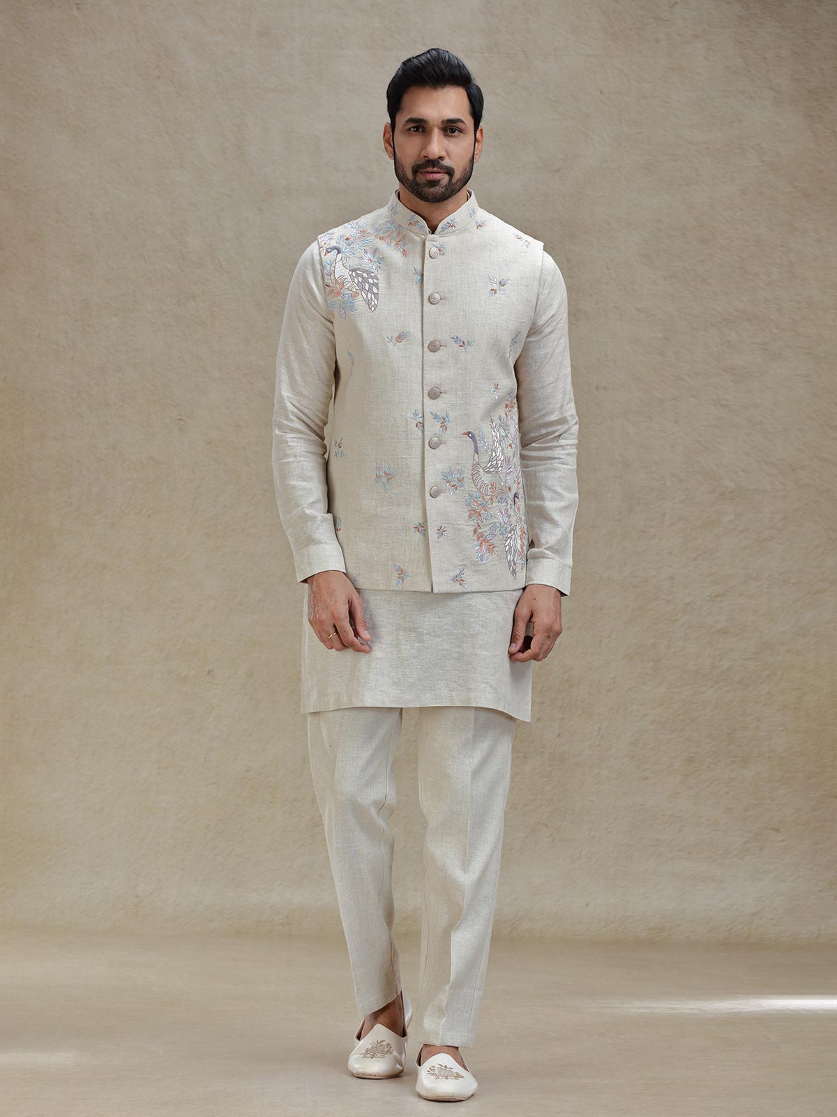 Natural beige linen kurta jacket set in embroidery