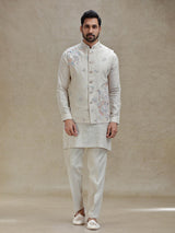 Natural beige linen kurta jacket set in embroidery