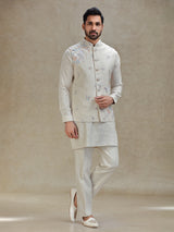 Natural beige linen kurta jacket set in embroidery