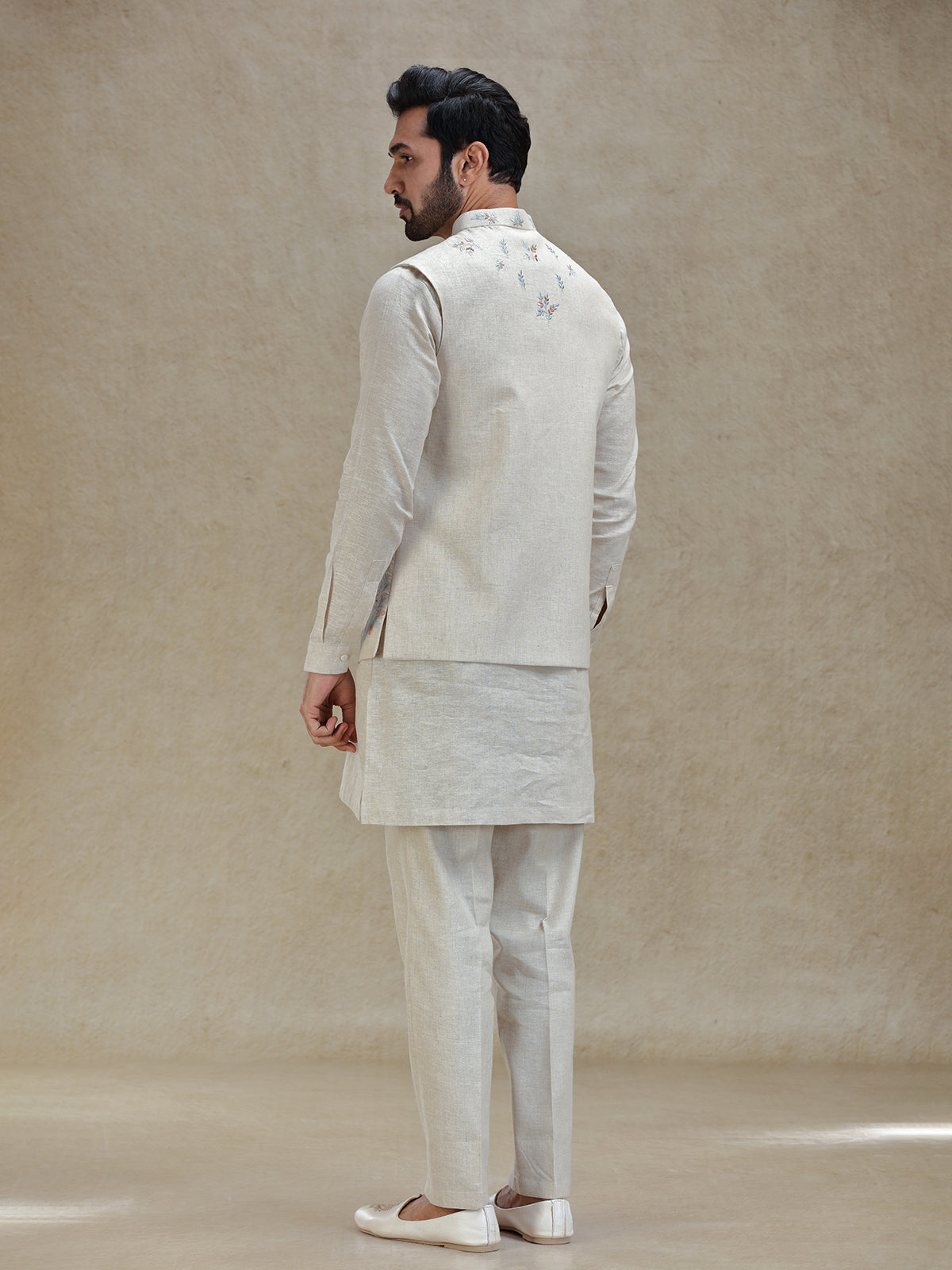Natural beige linen kurta jacket set in embroidery