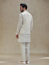 Natural beige linen kurta jacket set in embroidery