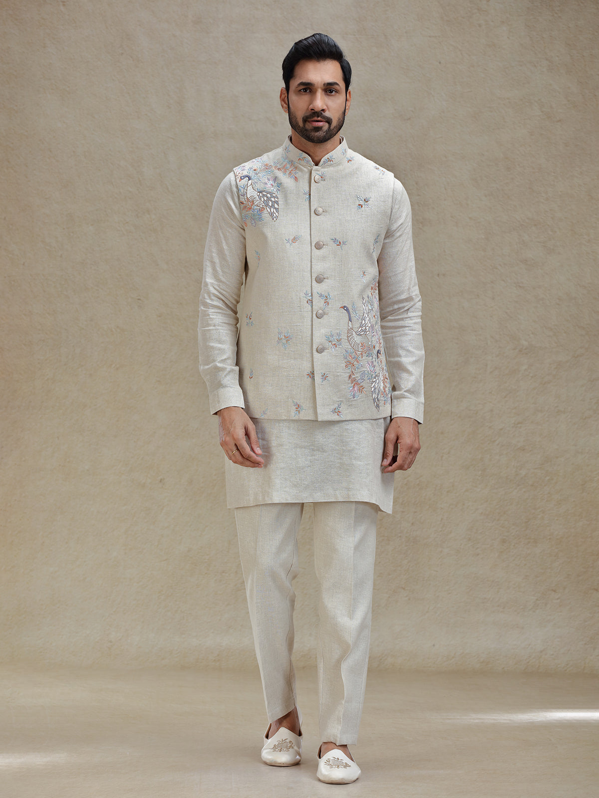 Natural beige linen kurta jacket set in embroidery