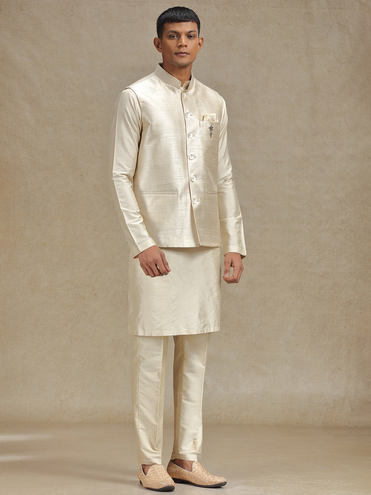 Natural beige waistcoat set with stylish embroidery