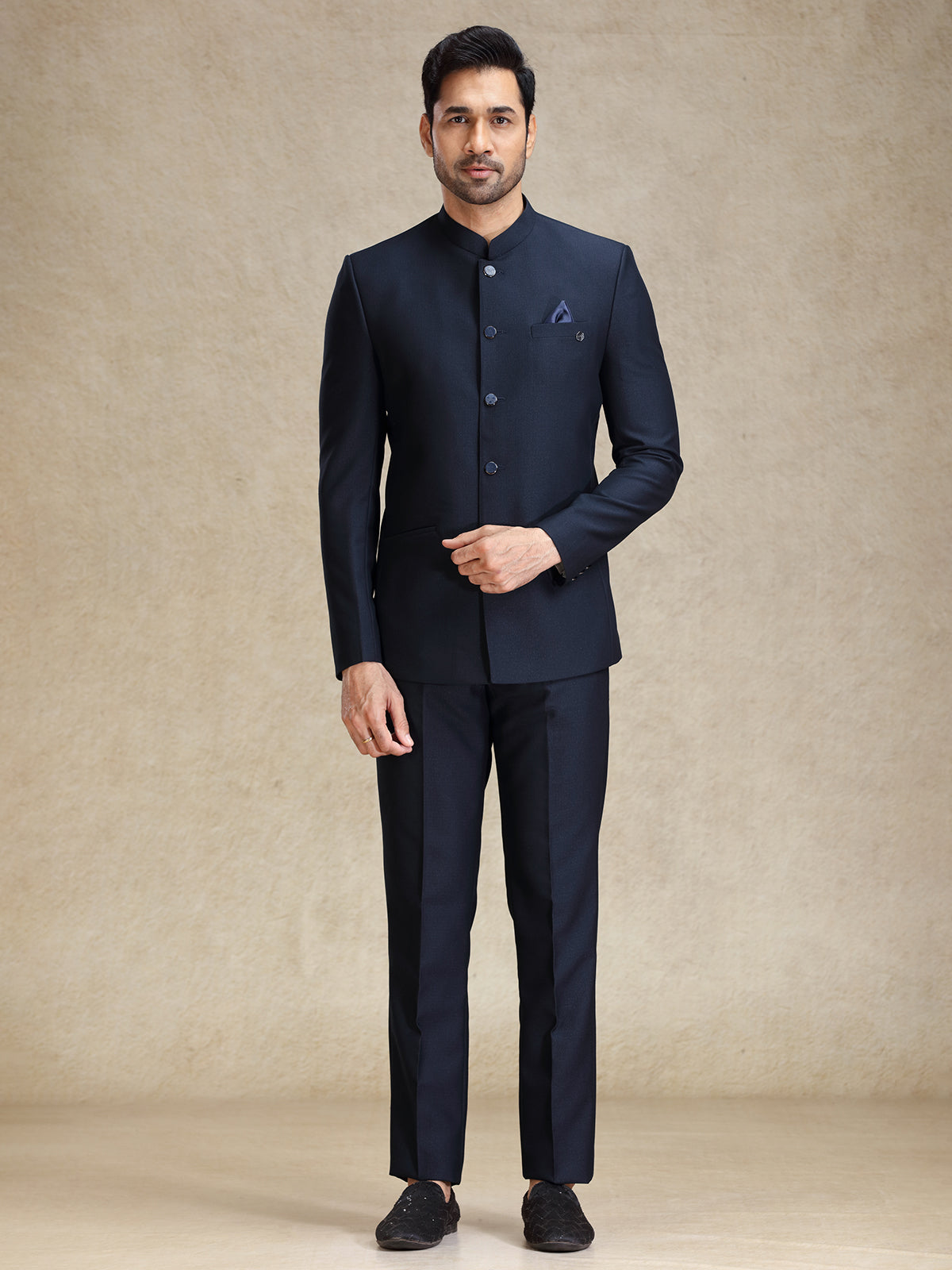 Navy bandh gala style terry rayon jacket suit
