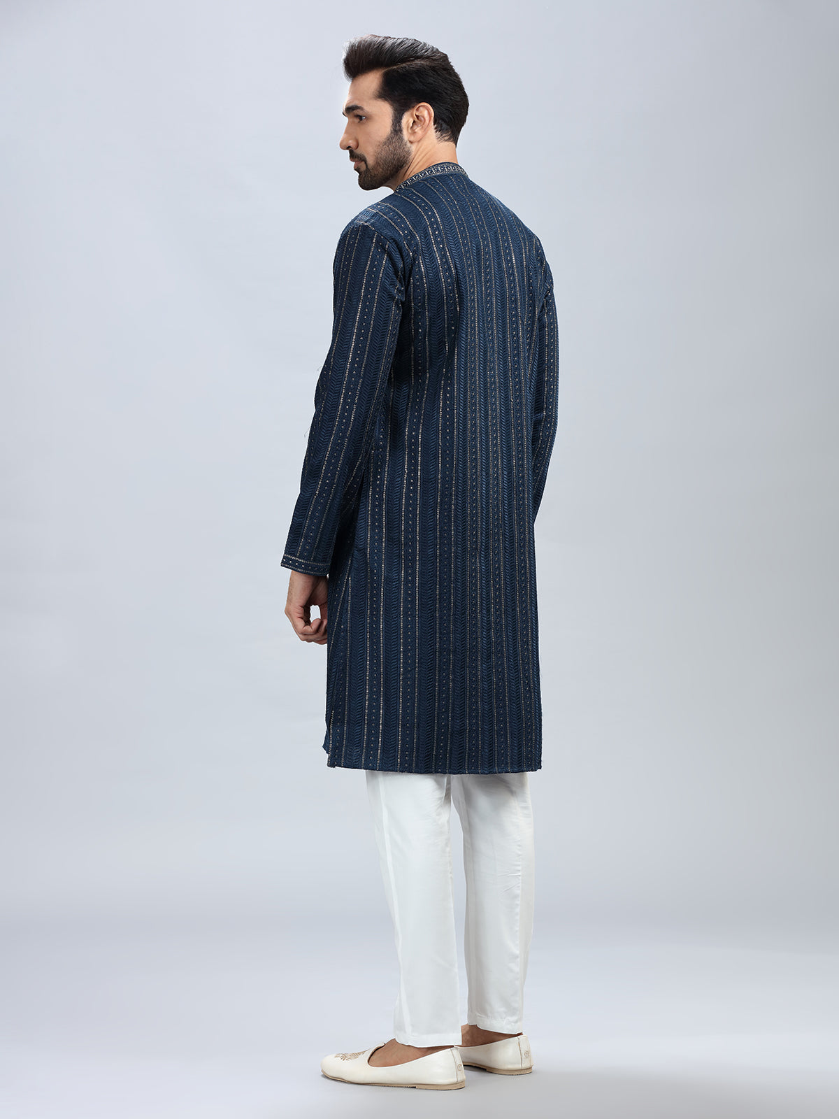 Navy blue georgette based festive style kurta set for men
