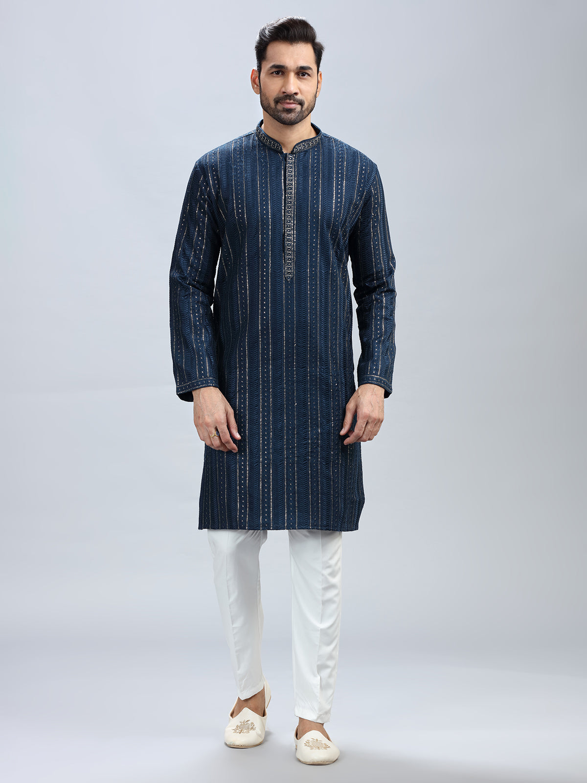 Navy blue georgette based festive style kurta set for men