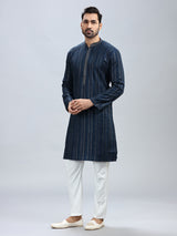 Navy blue georgette based festive style kurta set for men