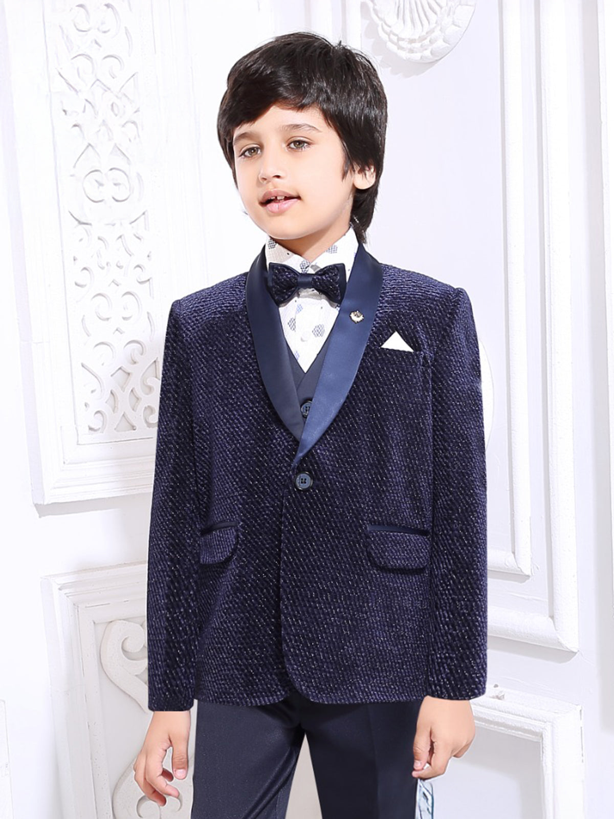 Navy boys coat suit in soft velvet