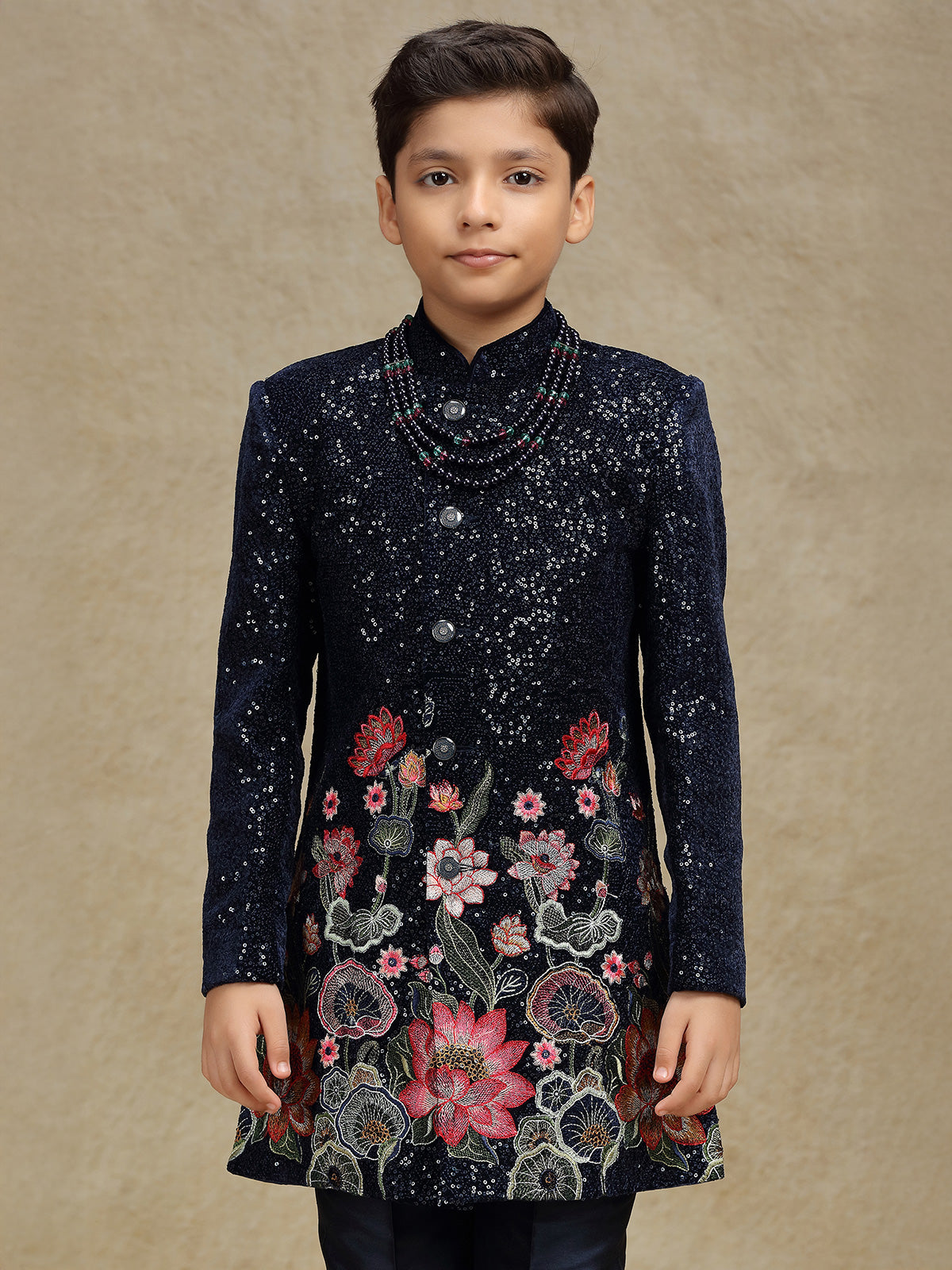 Navy boys indo western set in velvet