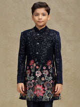 Navy boys indo western set in velvet