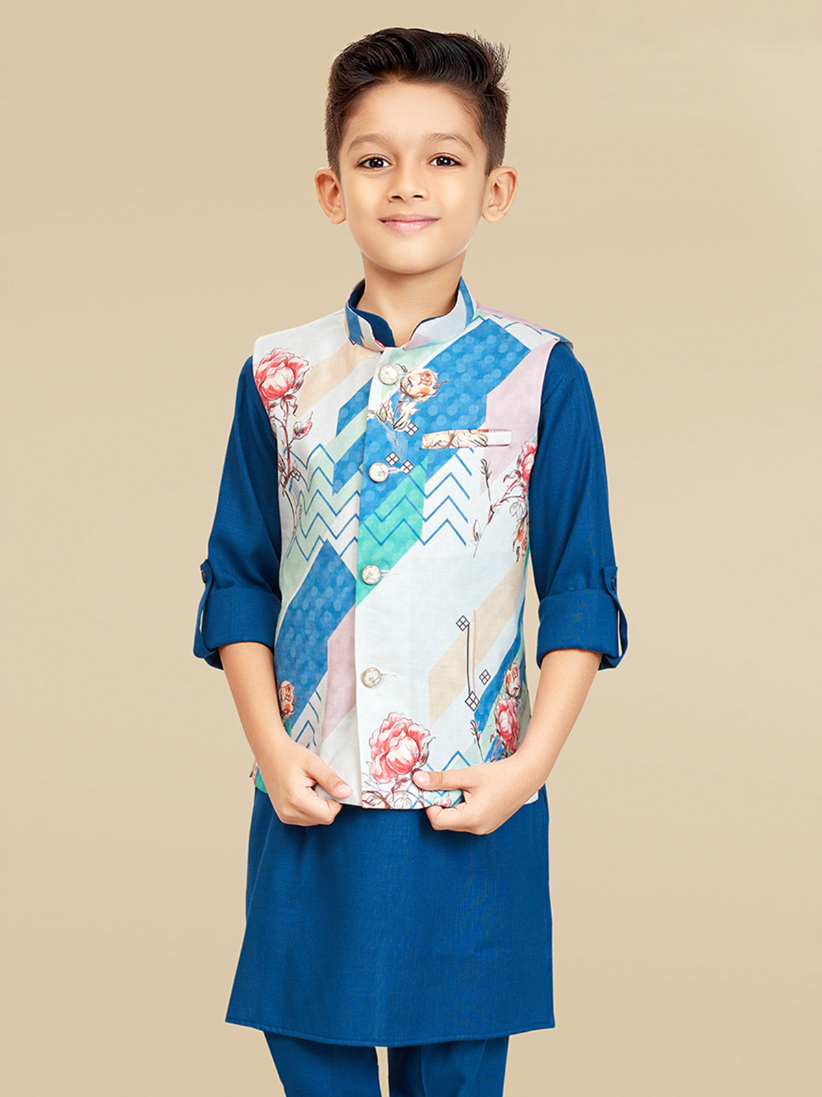 Navy cotton silk printed waiscoat set for boys