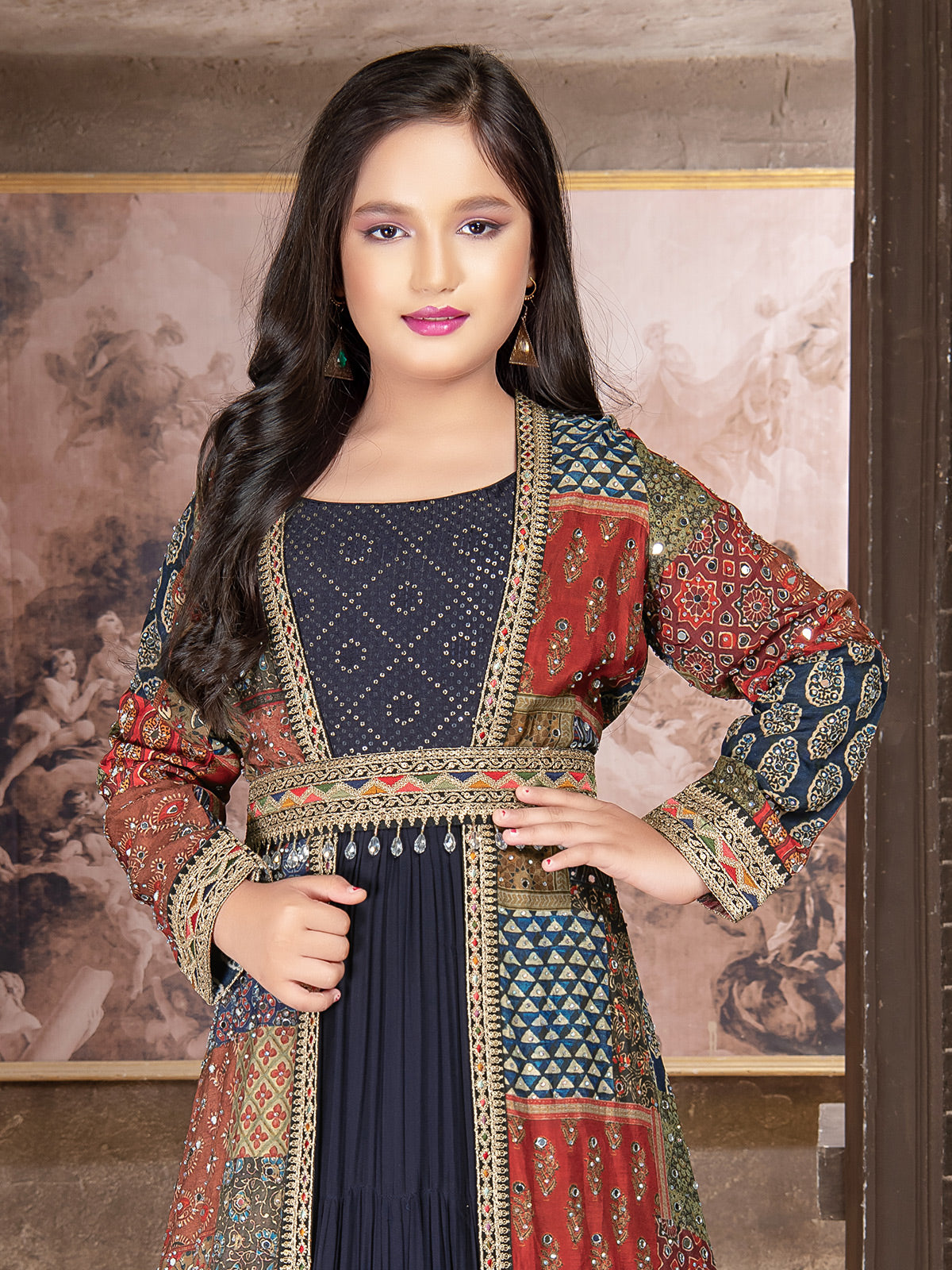 Navy georgette gown with printed shrug