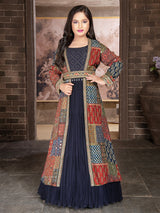 Navy georgette gown with printed shrug