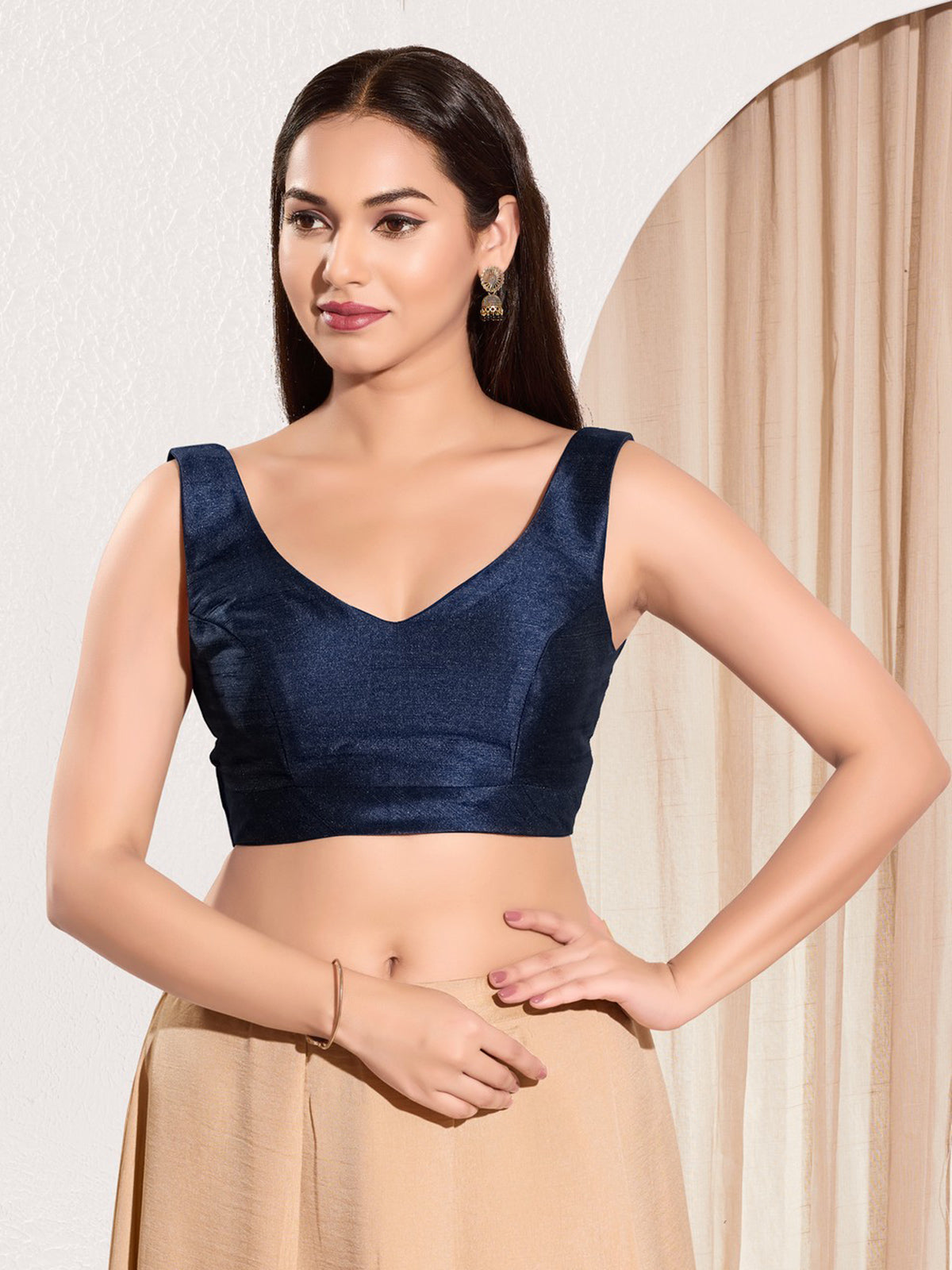 Navy mulburry silk u neck wedding blouse