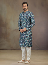 Navy printed silk kurta suit for men