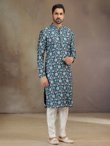 Navy printed silk kurta suit for men