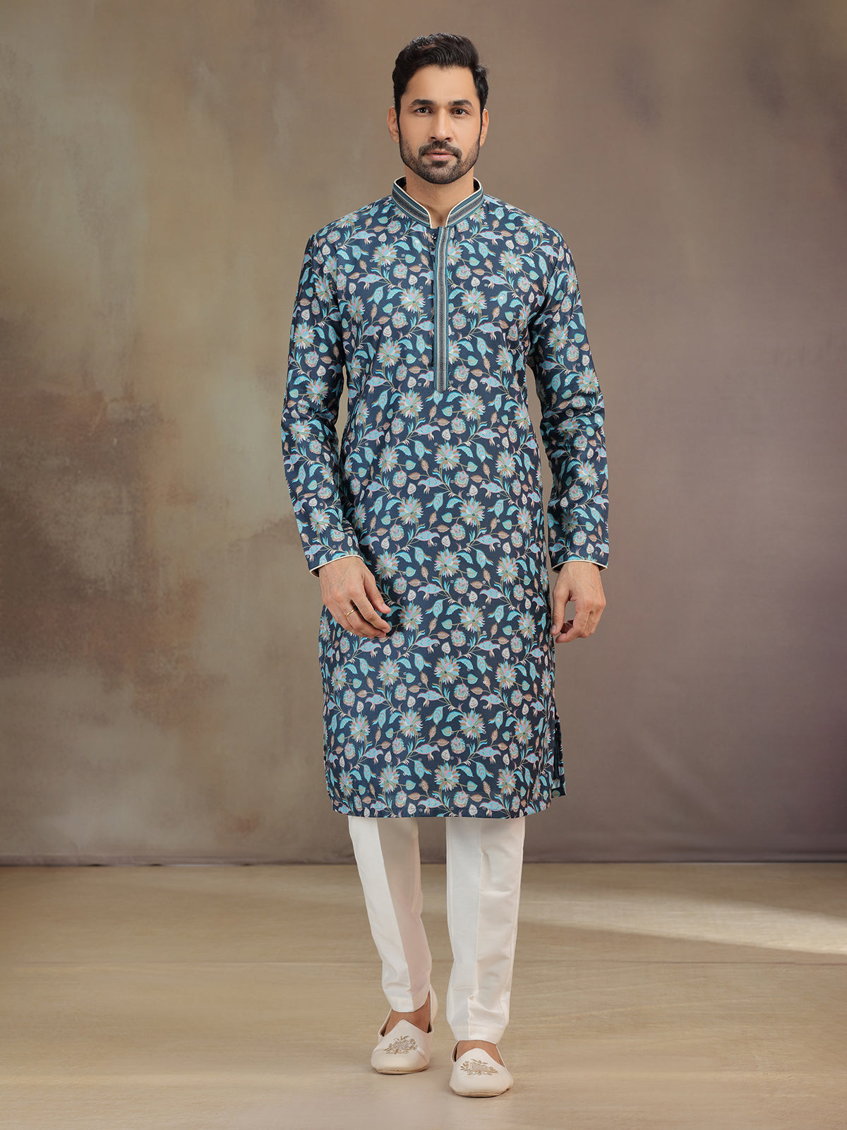 Navy printed silk kurta suit for men