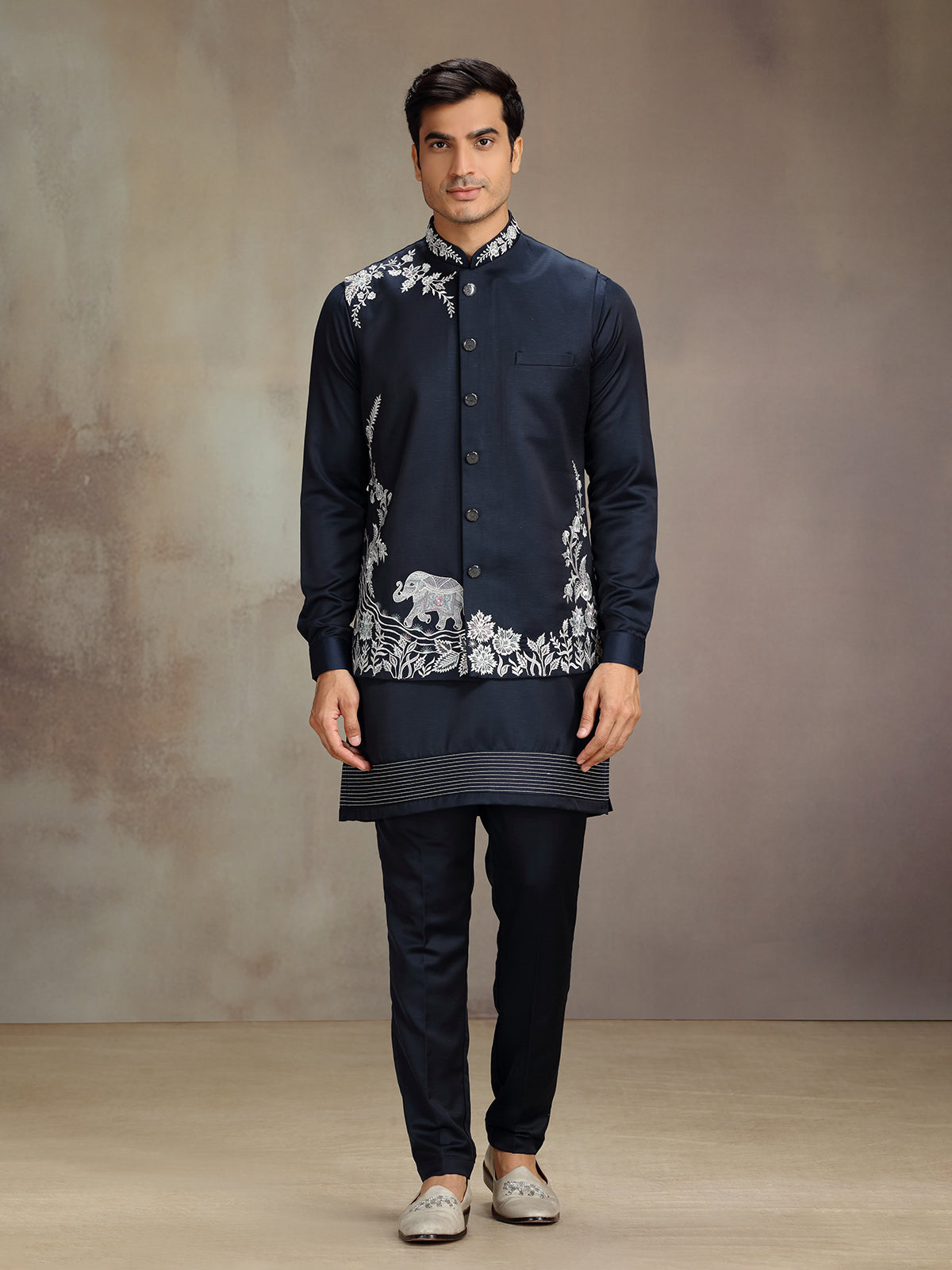 Navy satin linen waistcoat set for wedding celebration