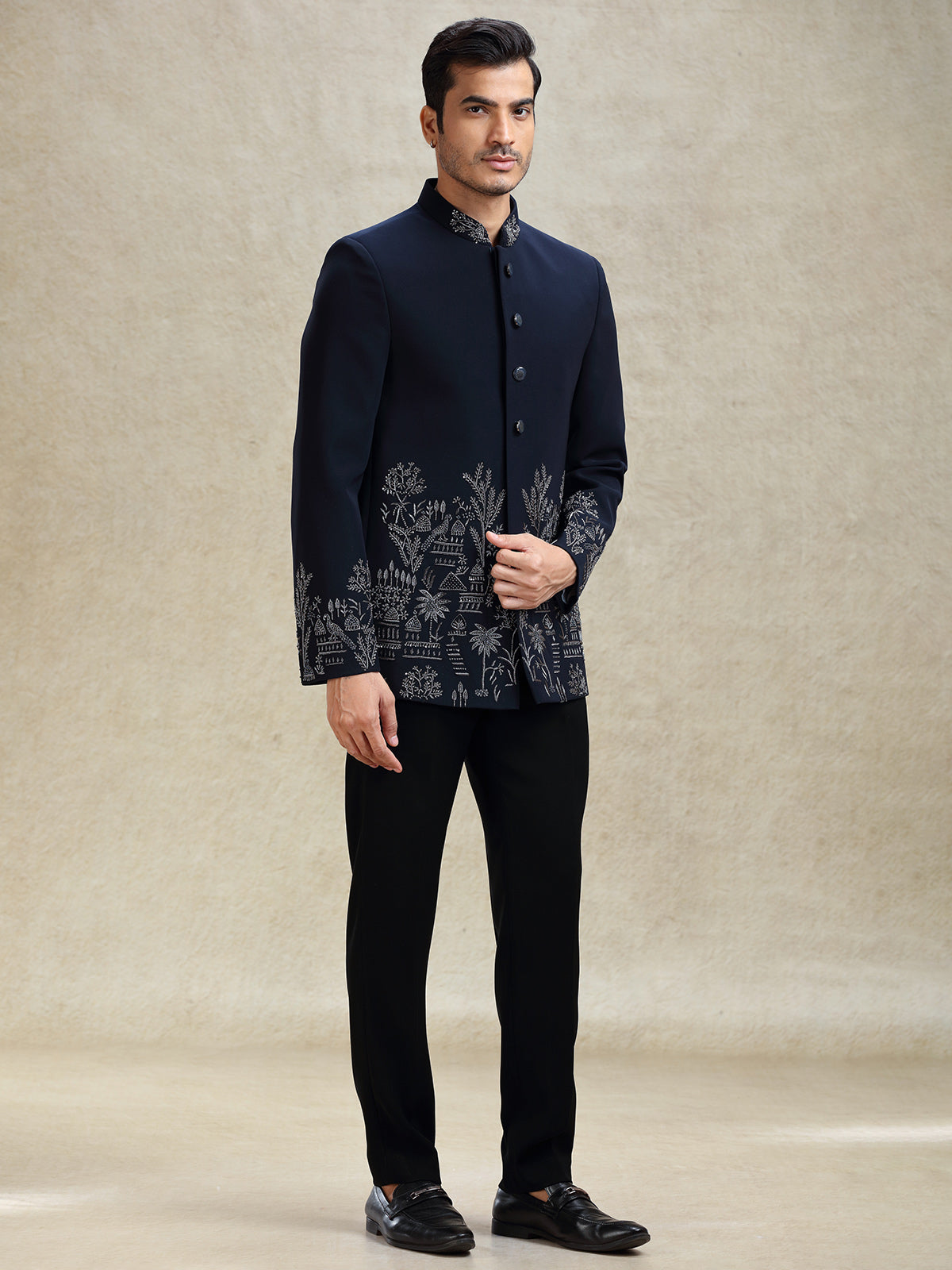 Navy terry rayon jodhpuri suit in crystal work
