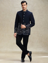 Navy terry rayon jodhpuri suit in crystal work