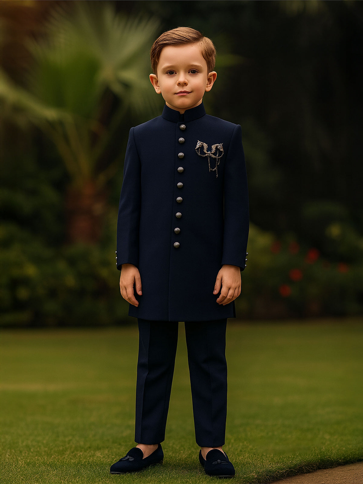 Navy wedding wear indowestern suit in terry rayon