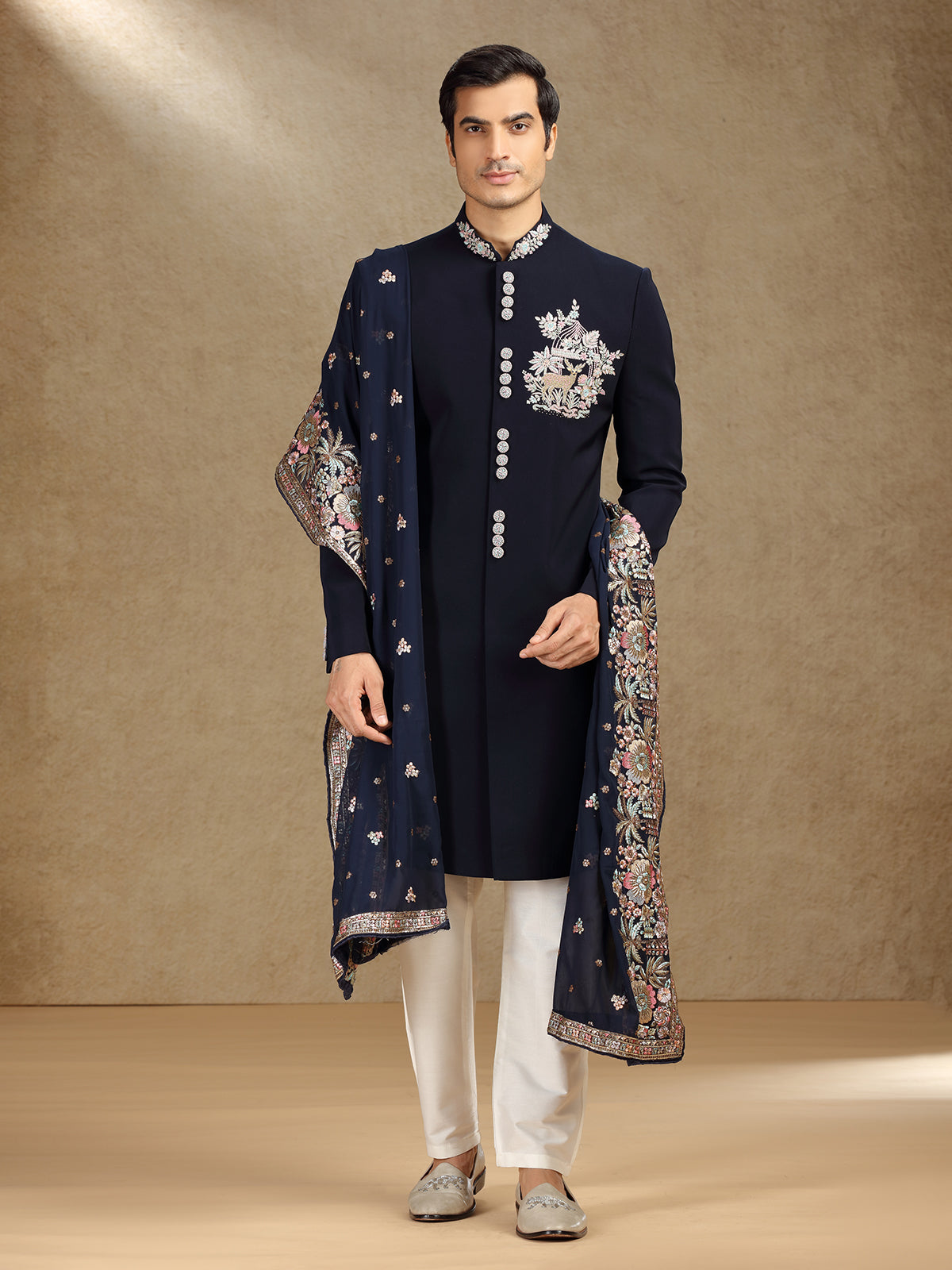 Navy wedding wear terry rayon indo western with dupatta