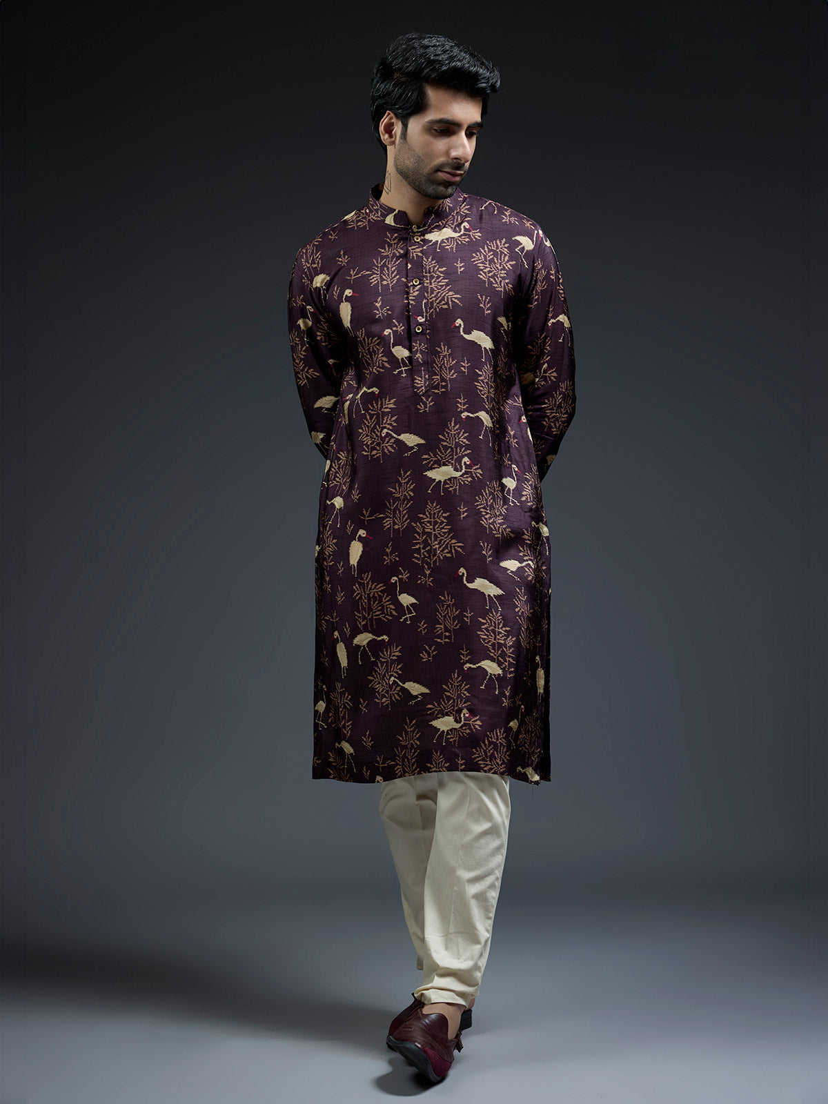 New wine silk kurta suit in floral bird print