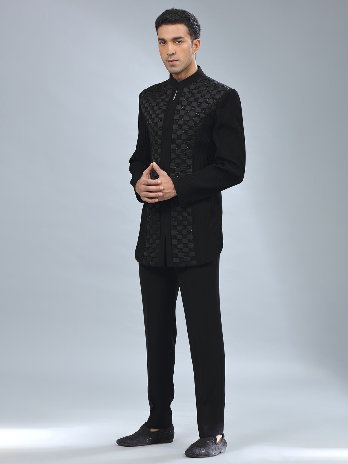 Newest black textured terry rayon indowestern
